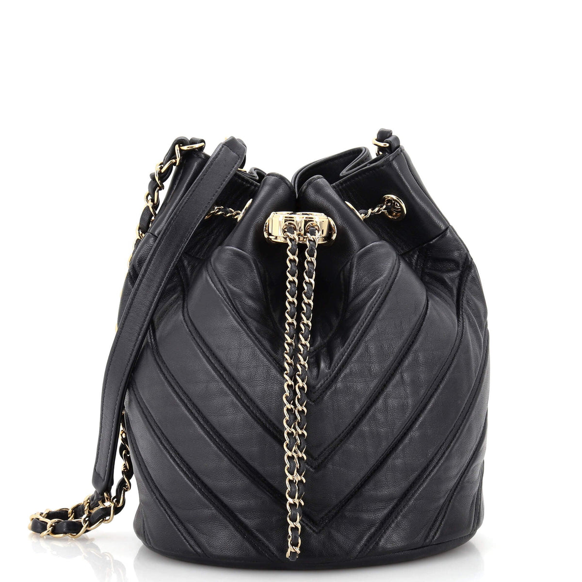 Chanel CHANEL Daily Chevron Drawstring Bucket Bag Chevron Calfskin Small