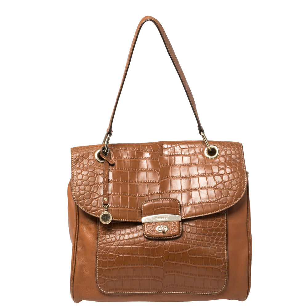 DKNY DKNY Brown Croc Embossed and Leather Turnlock Flap Top Handle Bag