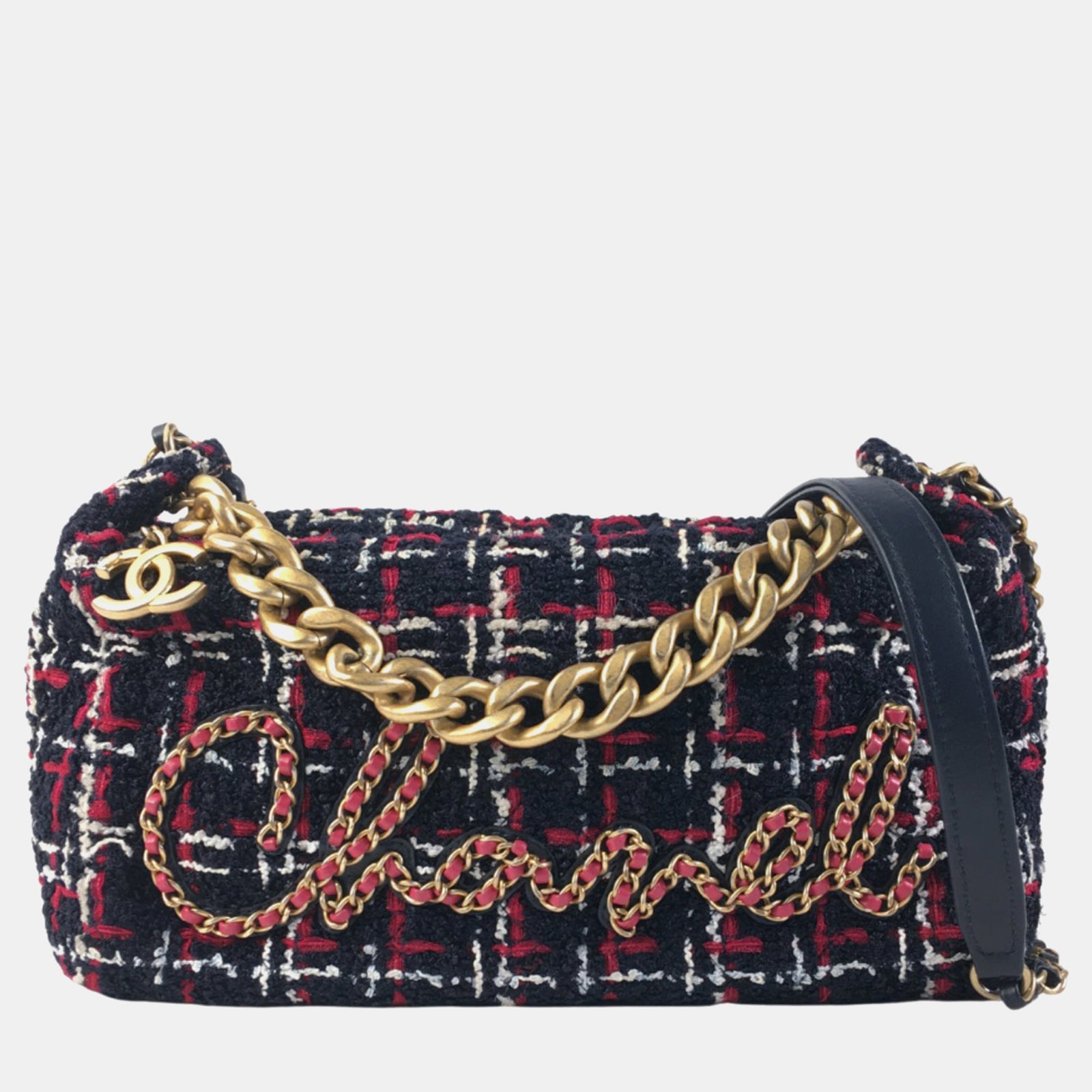 Chanel Red Black Tweed Calfskin Signe Bowling Bag