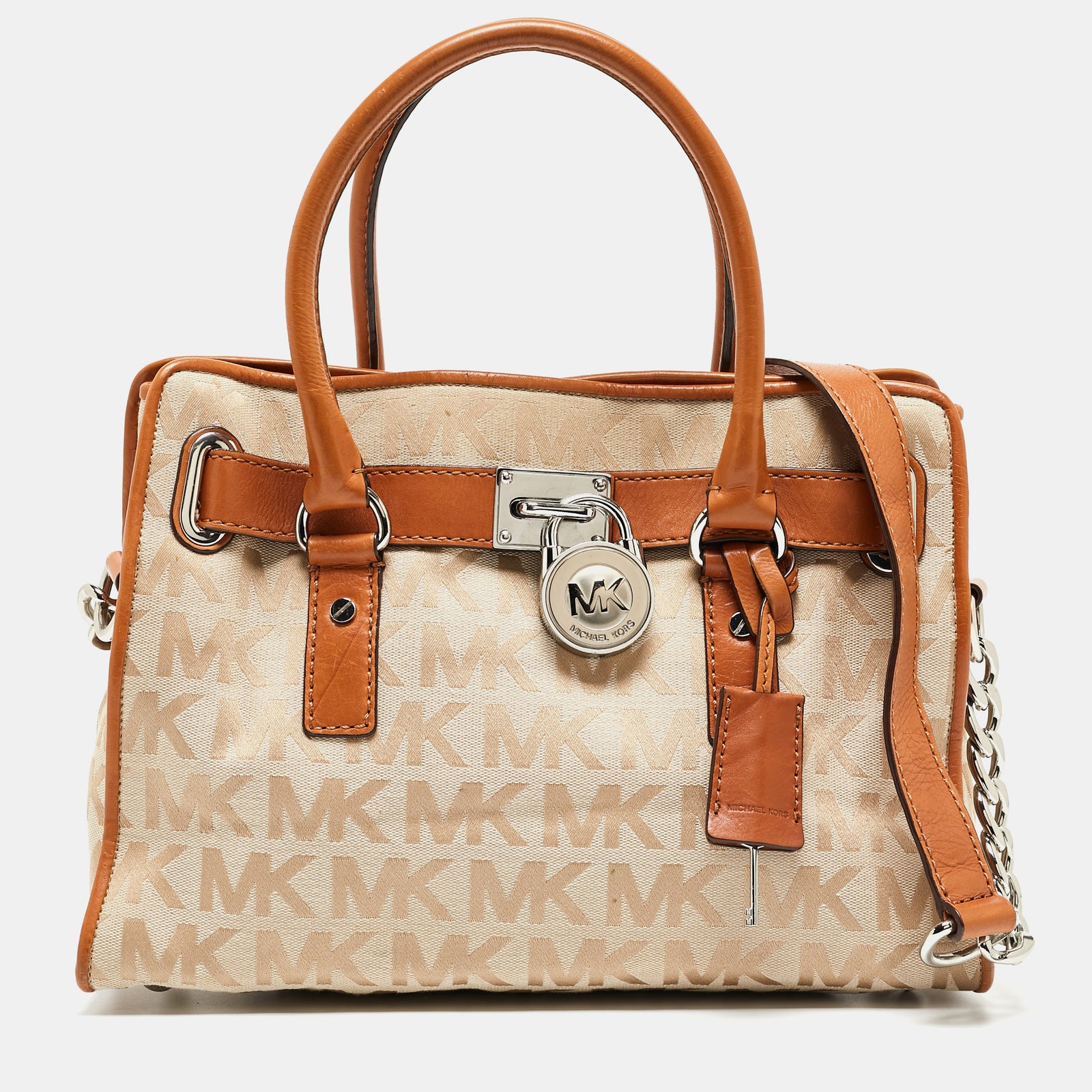 Michael Kors Beige/Brown Signature Canvas and Leather Hamilton Lock Tote