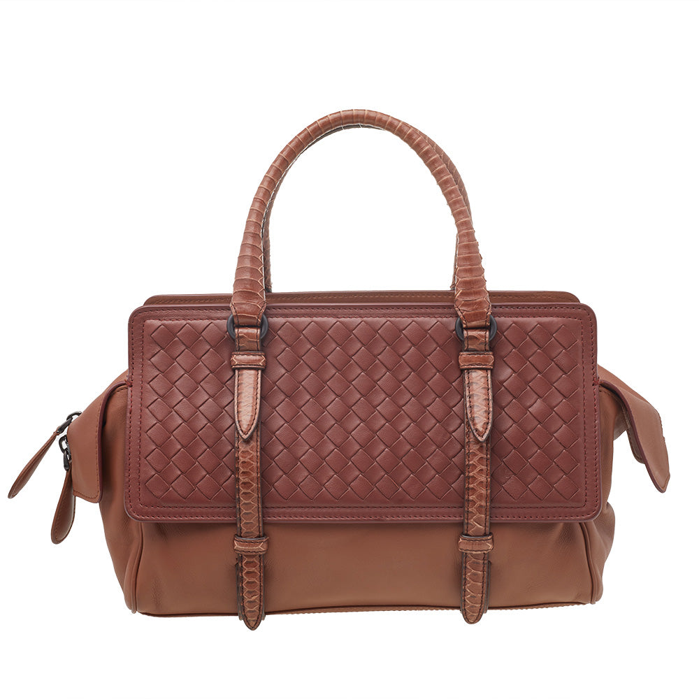 Bottega Veneta Brown Intrecciato Leather And Python Monaco Bag