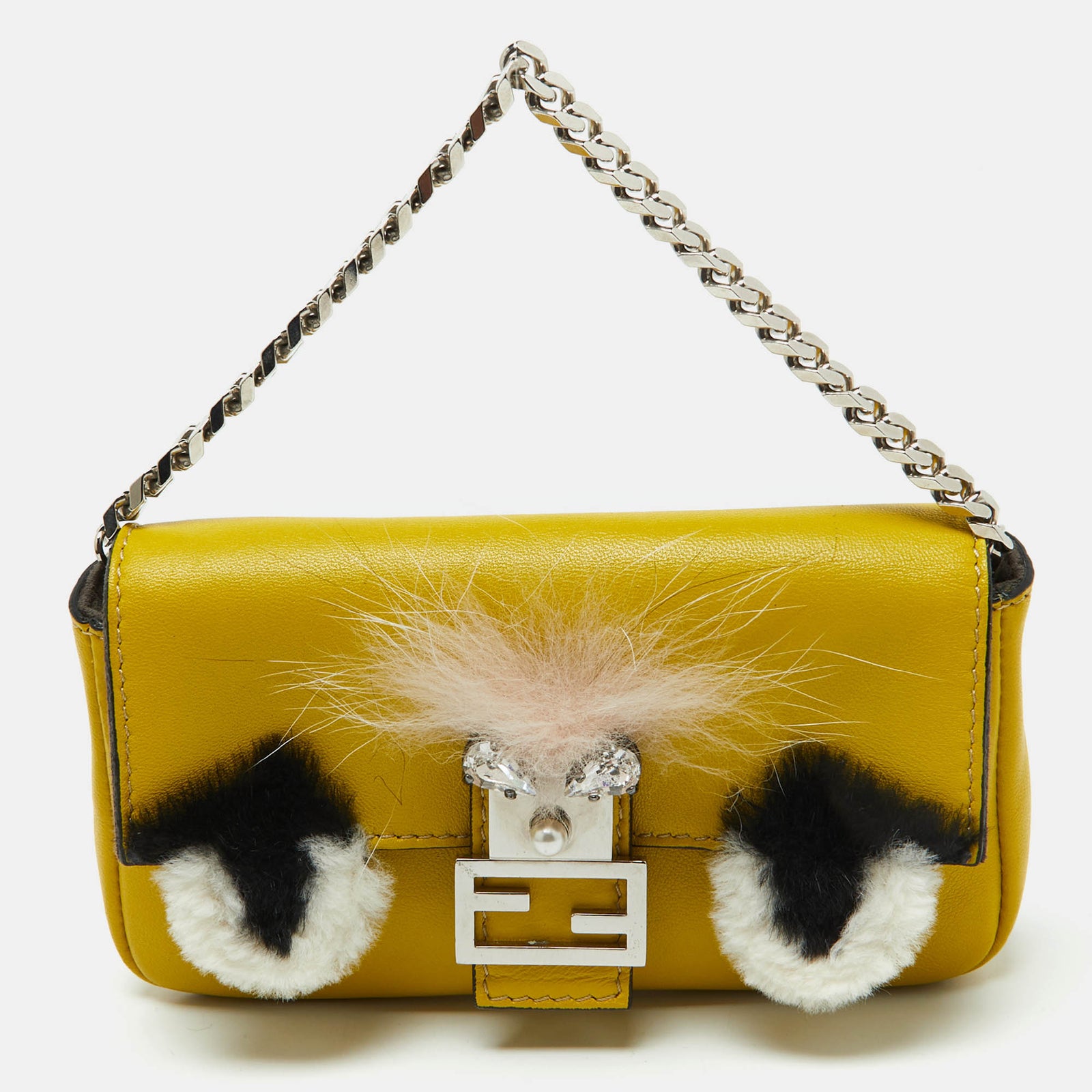 Fendi Yellow Leather and Fur Micro Monster Baguette Bag