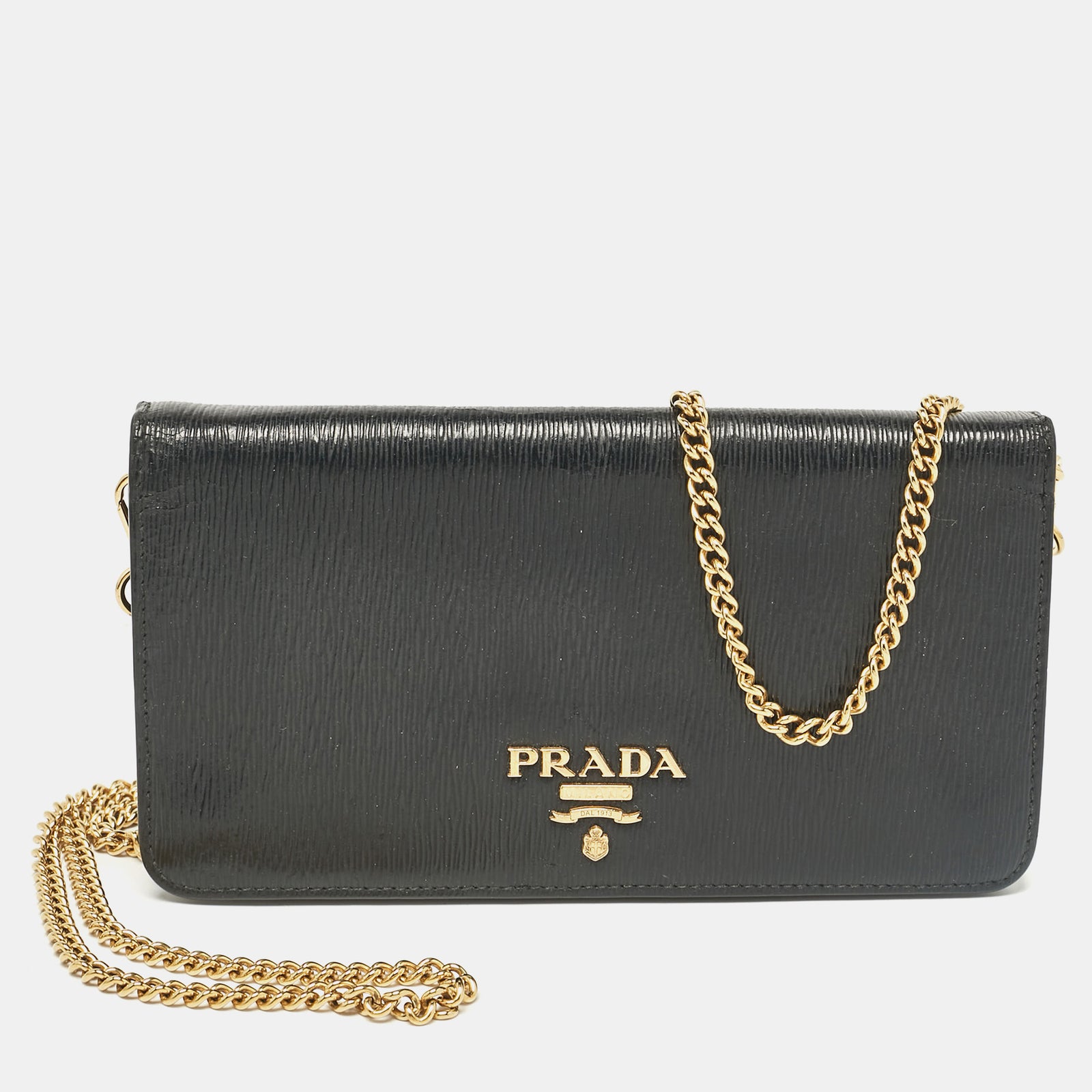 Prada Portefeuille en cuir noir avec logo sur chaîne