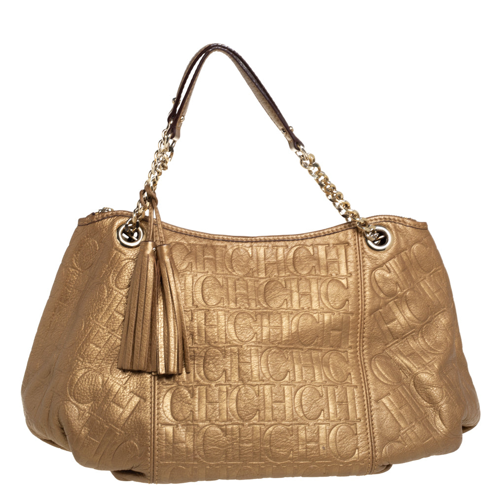 Carolina Herrera Hobo-Tasche aus Leder mit Monogrammprägung und Quaste in Goldbraun