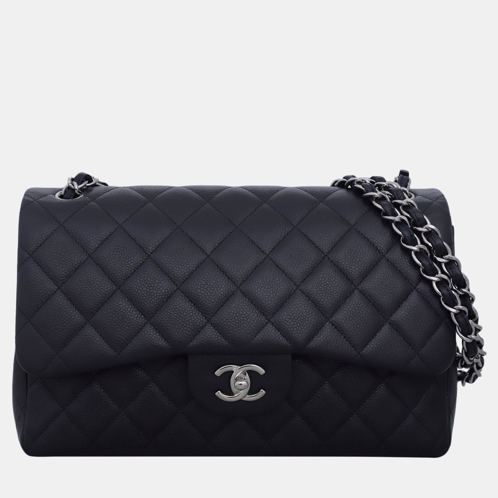 Chanel Klassische Jumbo-Tasche mit Doppelklappe aus Kaviarleder in Dunkelviolett