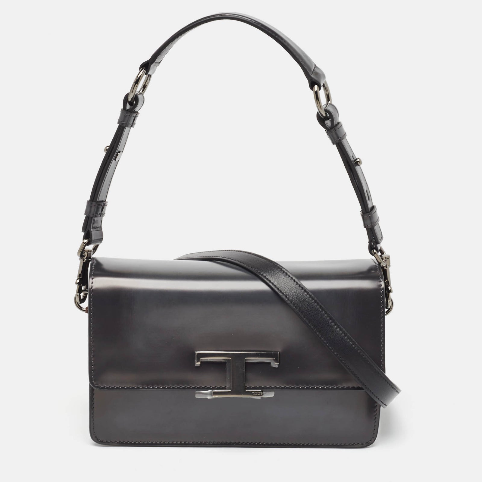 Tod's Dark Grey Leather Mini T Timeless Shoulder Bag