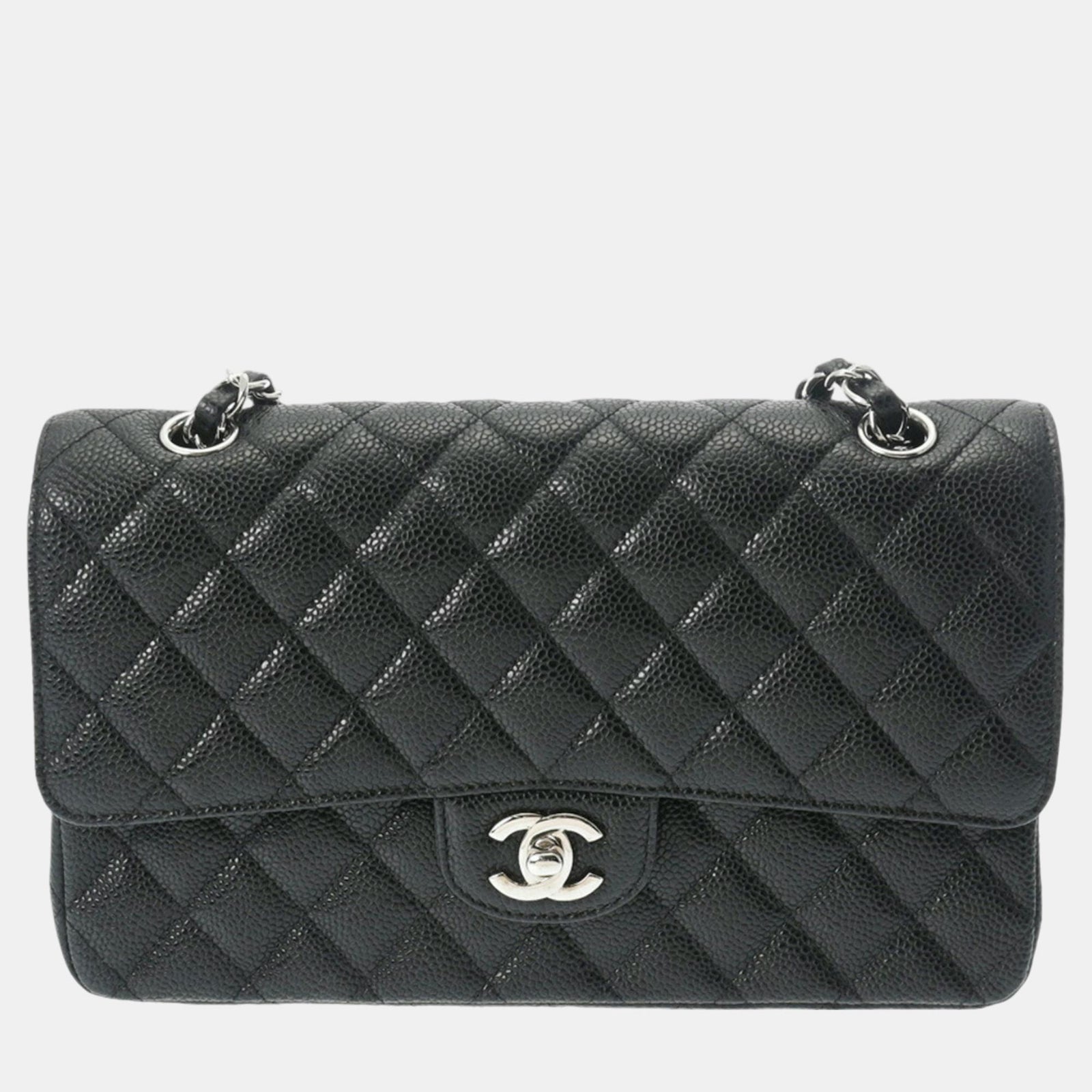 Chanel Schwarze Matelassé-Schultertasche aus Kaviarhaut mit Kette und Doppelklappe, 25 cm