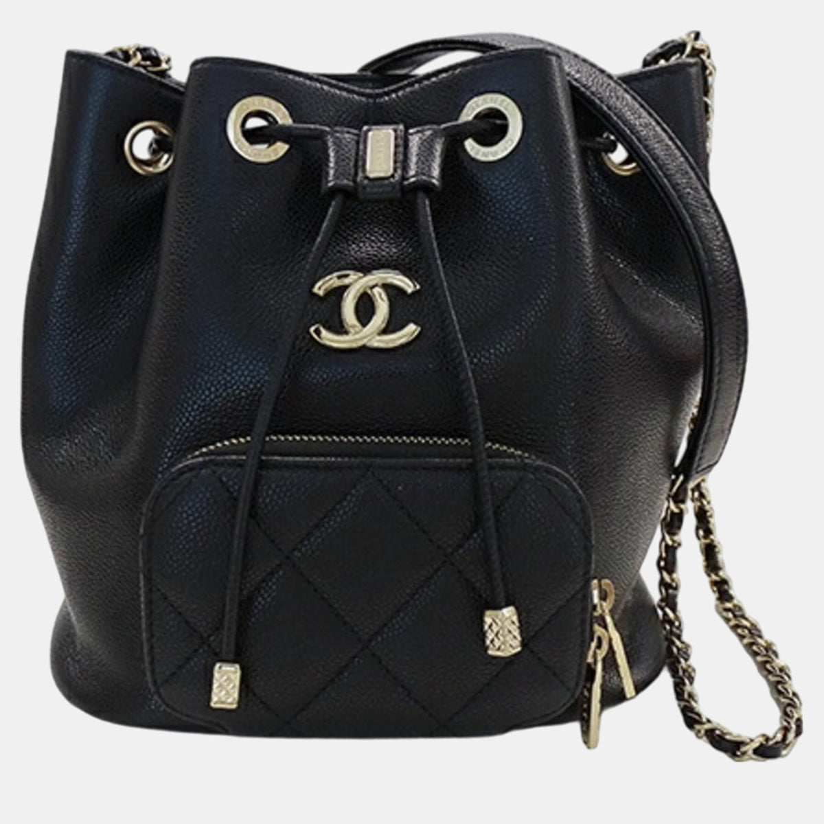Chanel Black Caviar Skin Matelasse Chain Shoulder Bucket Bag