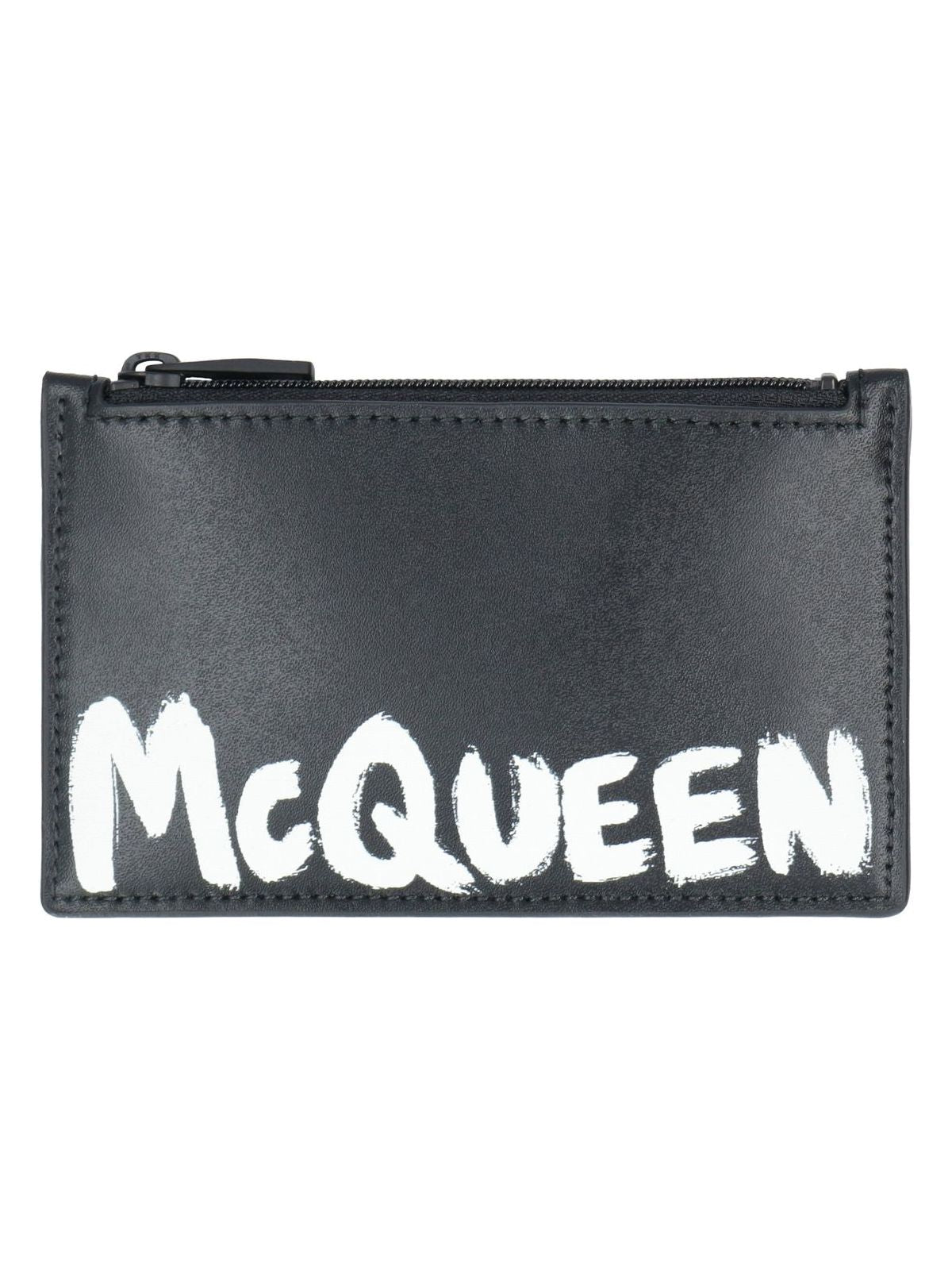 Alexander Mcqueen Men's Leather Zipped Card Holder With Logo in Black | 6831171AAMJ