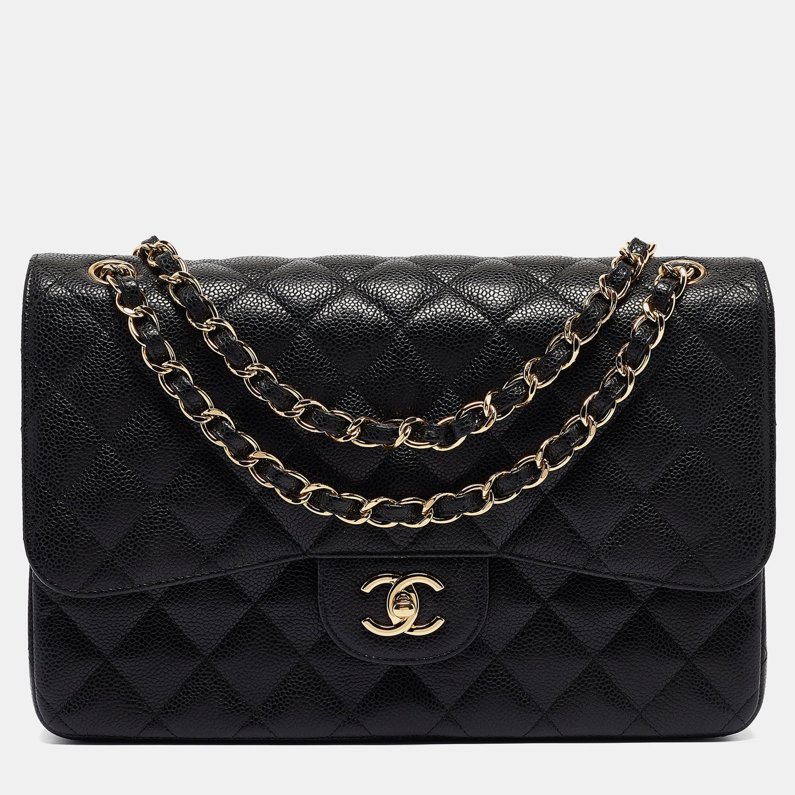 Chanel Sac à rabat double classique en cuir caviar matelassé noir