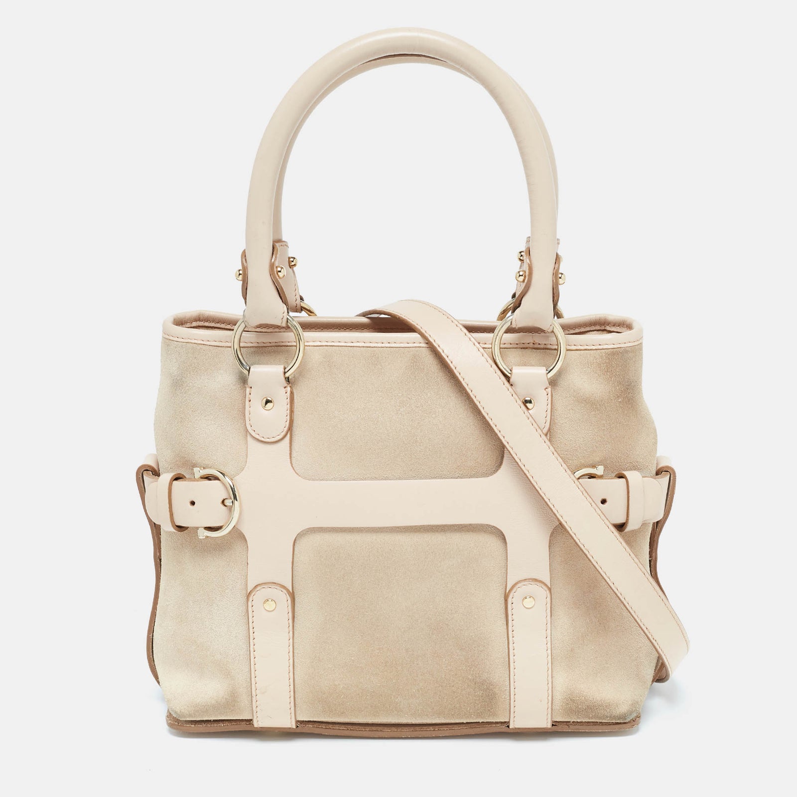 Salvatore Ferragamo Beige Suede and Leather Mini Gancini Tote