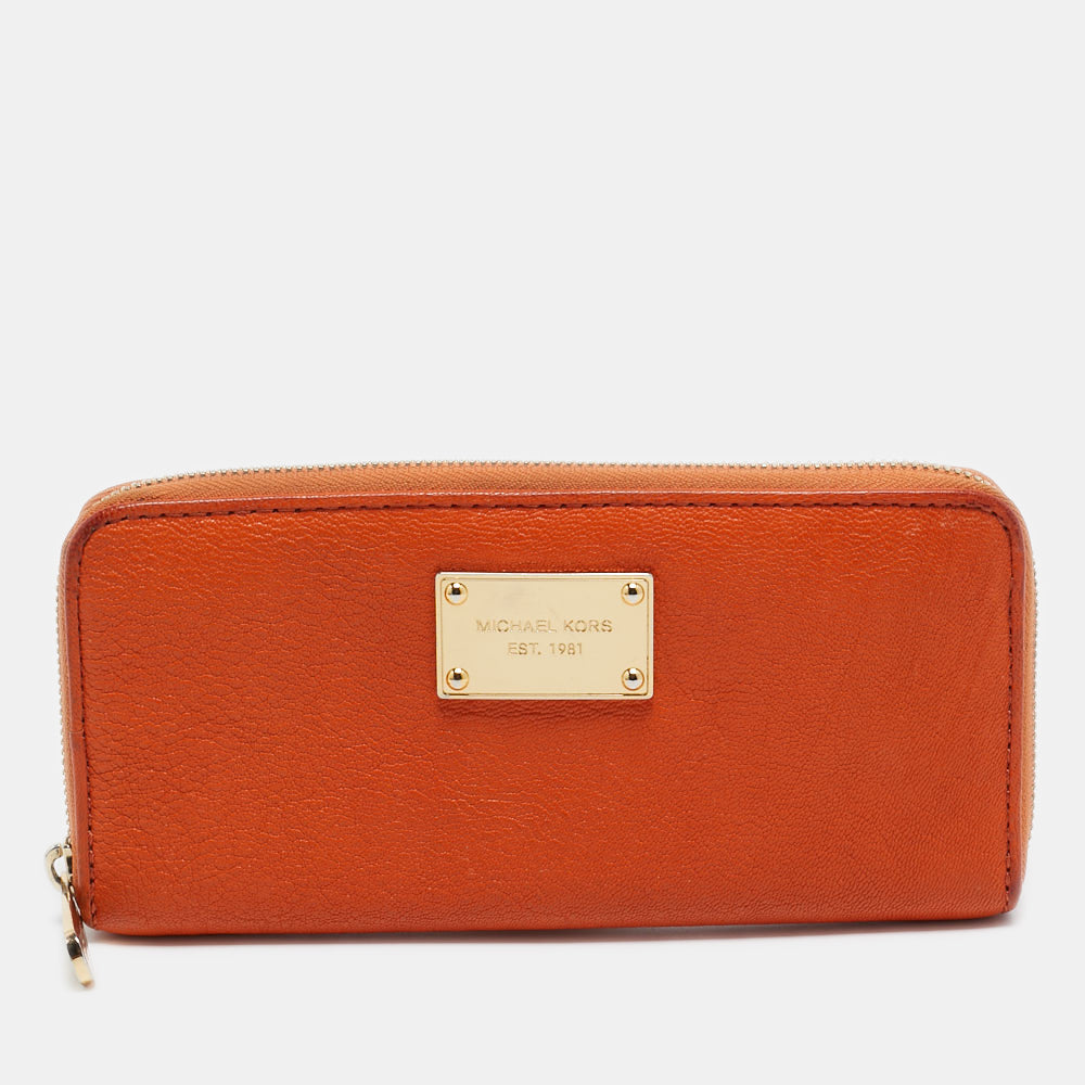 Michael Kors Orange Leather Jet Set Zip Around Wallet