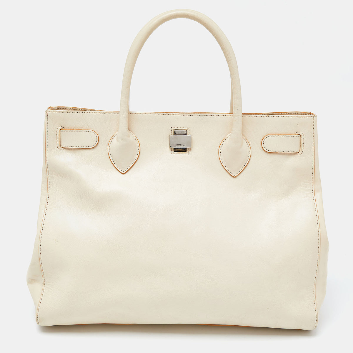 Furla Cream Leather Twist Lock Tote