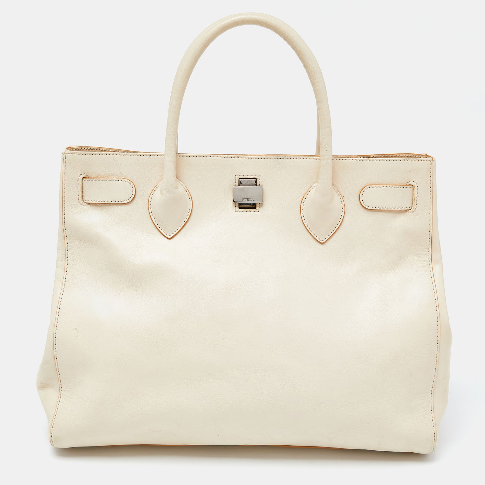 Furla Cream Leather Twist Lock Tote