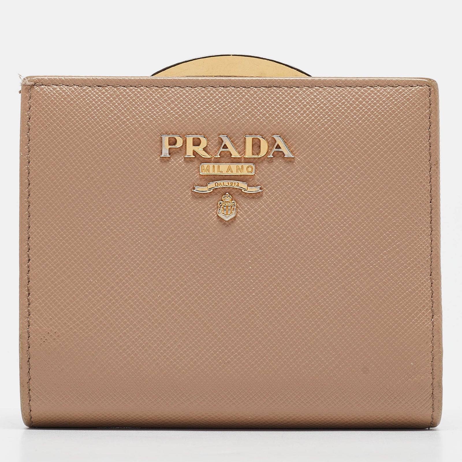 Prada Beige Saffiano Metal Leather Frame Compact Wallet