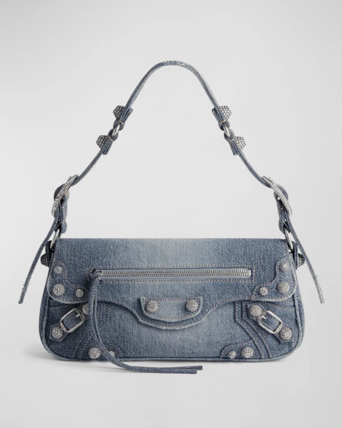 Balenciaga Le Cagole Small Denim Sling Bag with Rhinestones