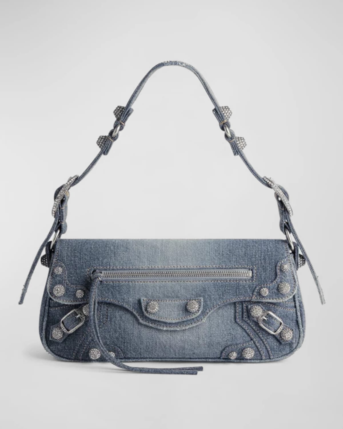 Balenciaga Le Cagole – Kleine Schultertasche aus Denim mit Strasssteinen