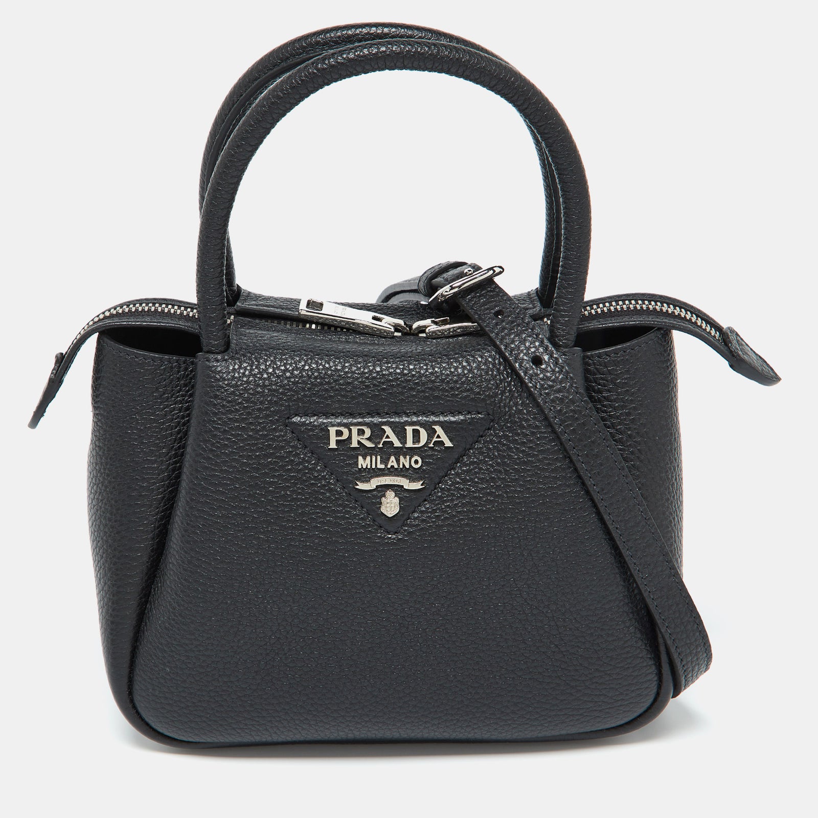 Prada Black Vitello Daino Soft Leather Mini Top Zip Bag