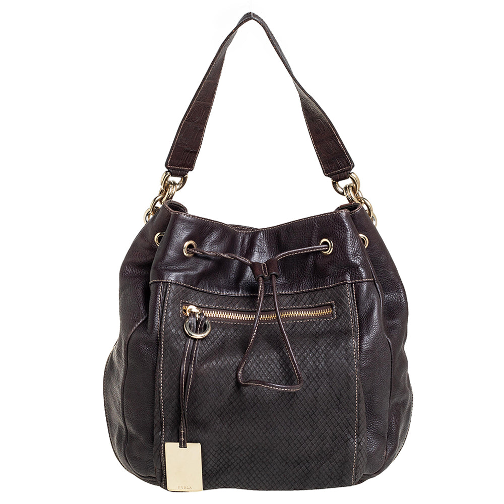 Furla Dark Brown Leather Drawstring Hobo