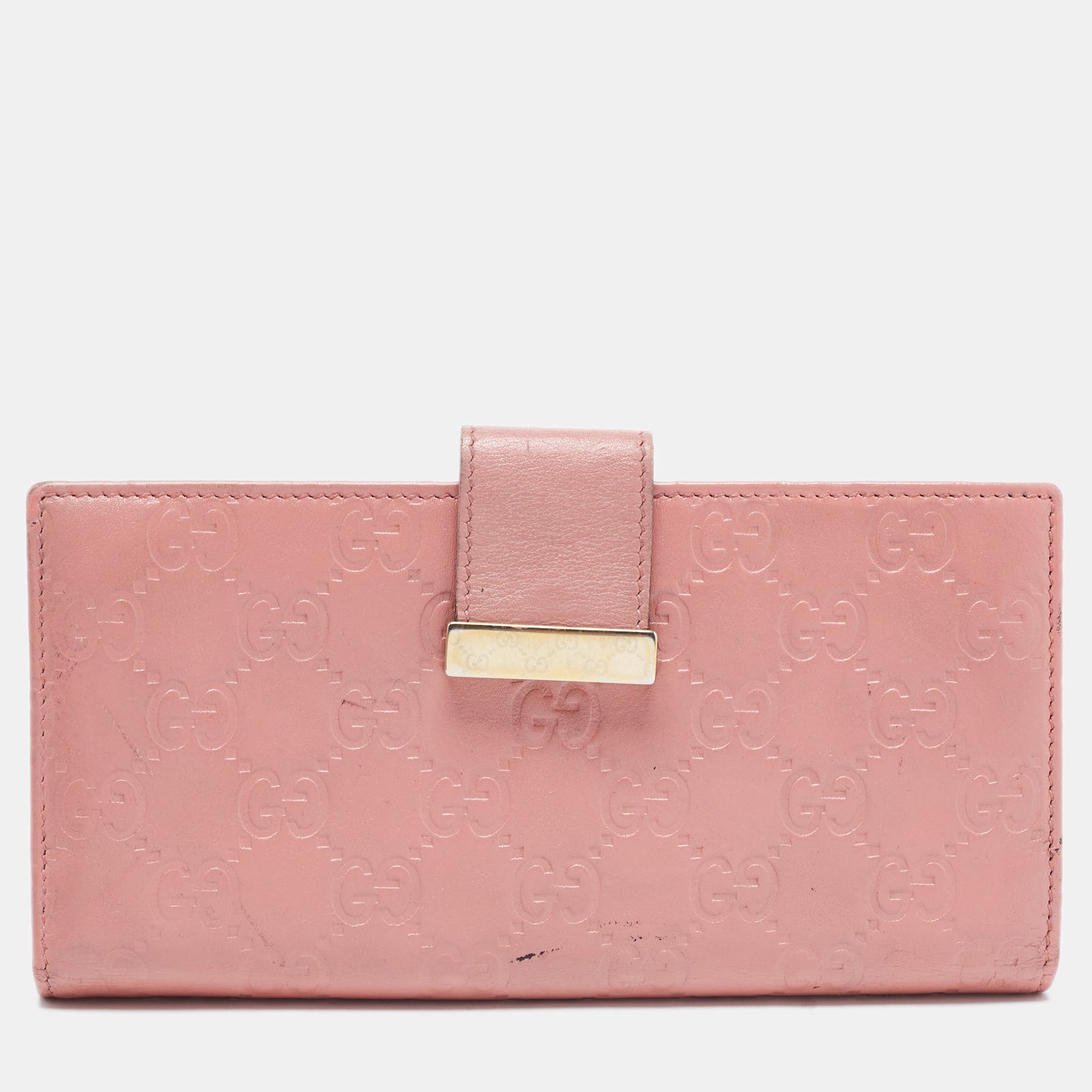 Gucci Pink Guccissima Leather Metal Flap Continental Wallet