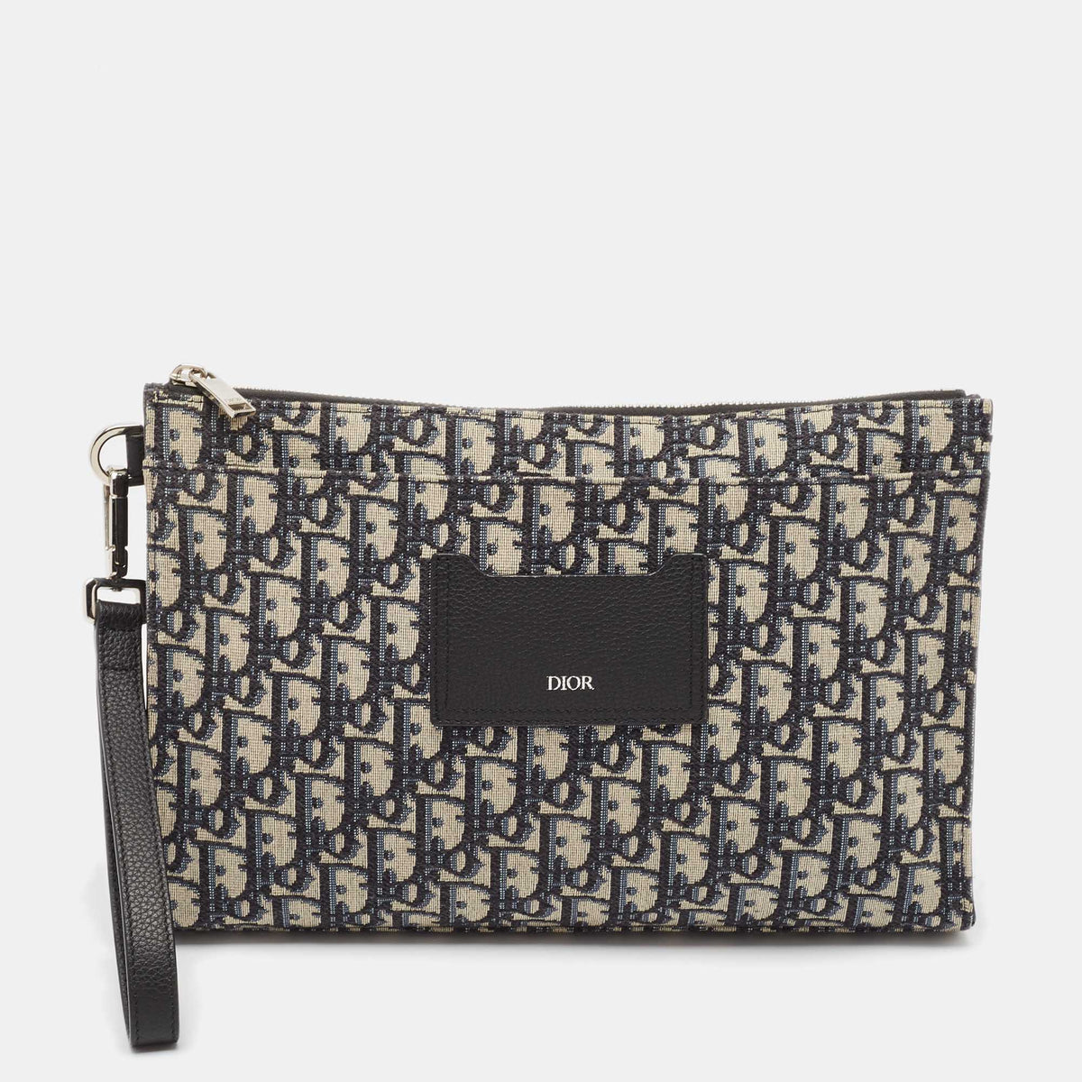 Dior Black Oblique Canvas and Leather Wristlet Zip Pouch