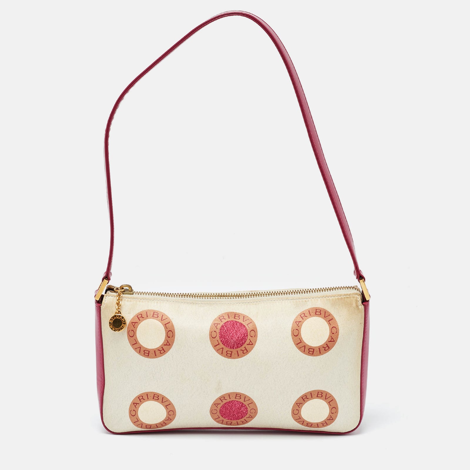 Bvlgari Pink/White Printed Satin and Leather Baguette Bag