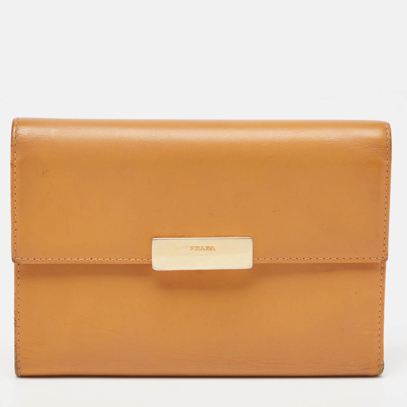 Prada Tan Leather Logo Plague Trifold Wallet