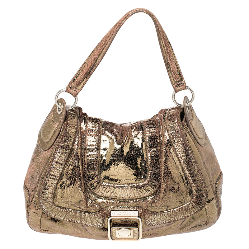 Anya Hindmarch Gold Laminated Suede Crackle Effect Flap Buckle Shoulder Bag