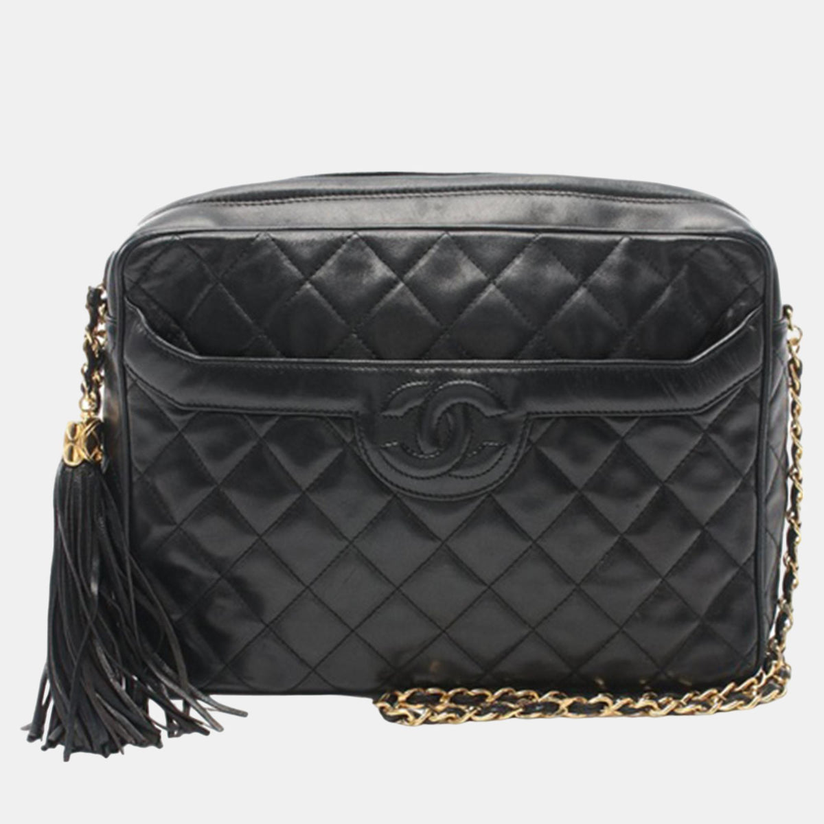 Chanel Black Leather CC Quilted Tassel Crossbody Bag