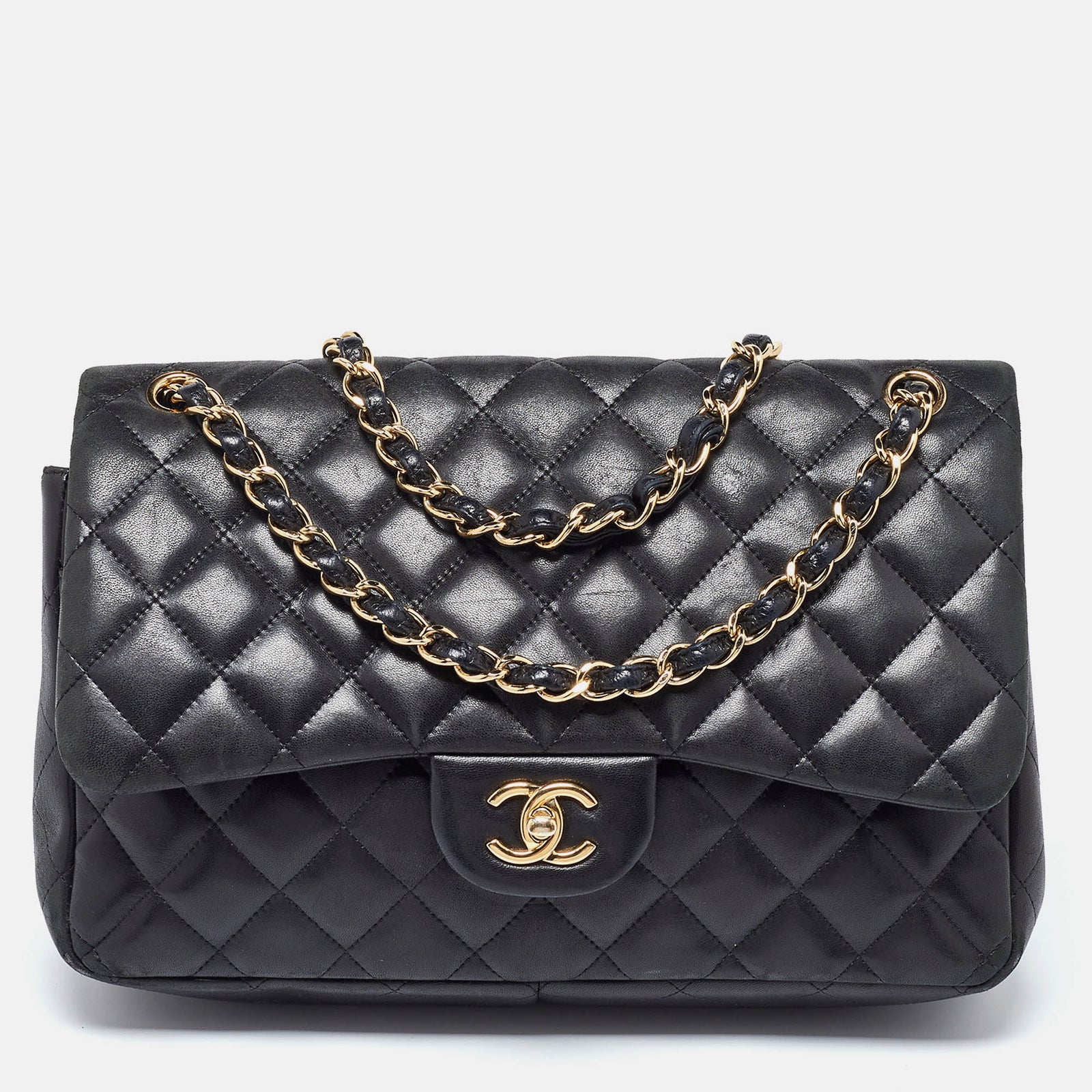 Chanel Schwarze, gesteppte Jumbo-Klassiker-Tasche mit Doppelklappe aus Leder