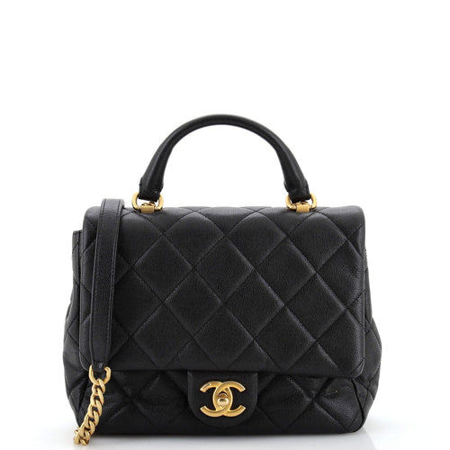 CHANEL Square Top Handle Flap Bag Quilted Shiny Caviar Small