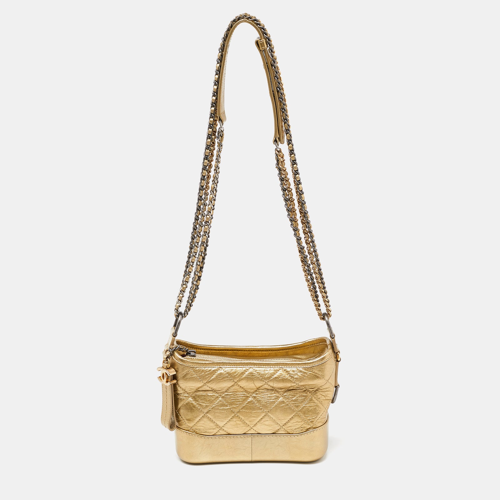 Chanel Kleine Hobo-Tasche Gabrielle aus gestepptem gealtertem Leder in Gold