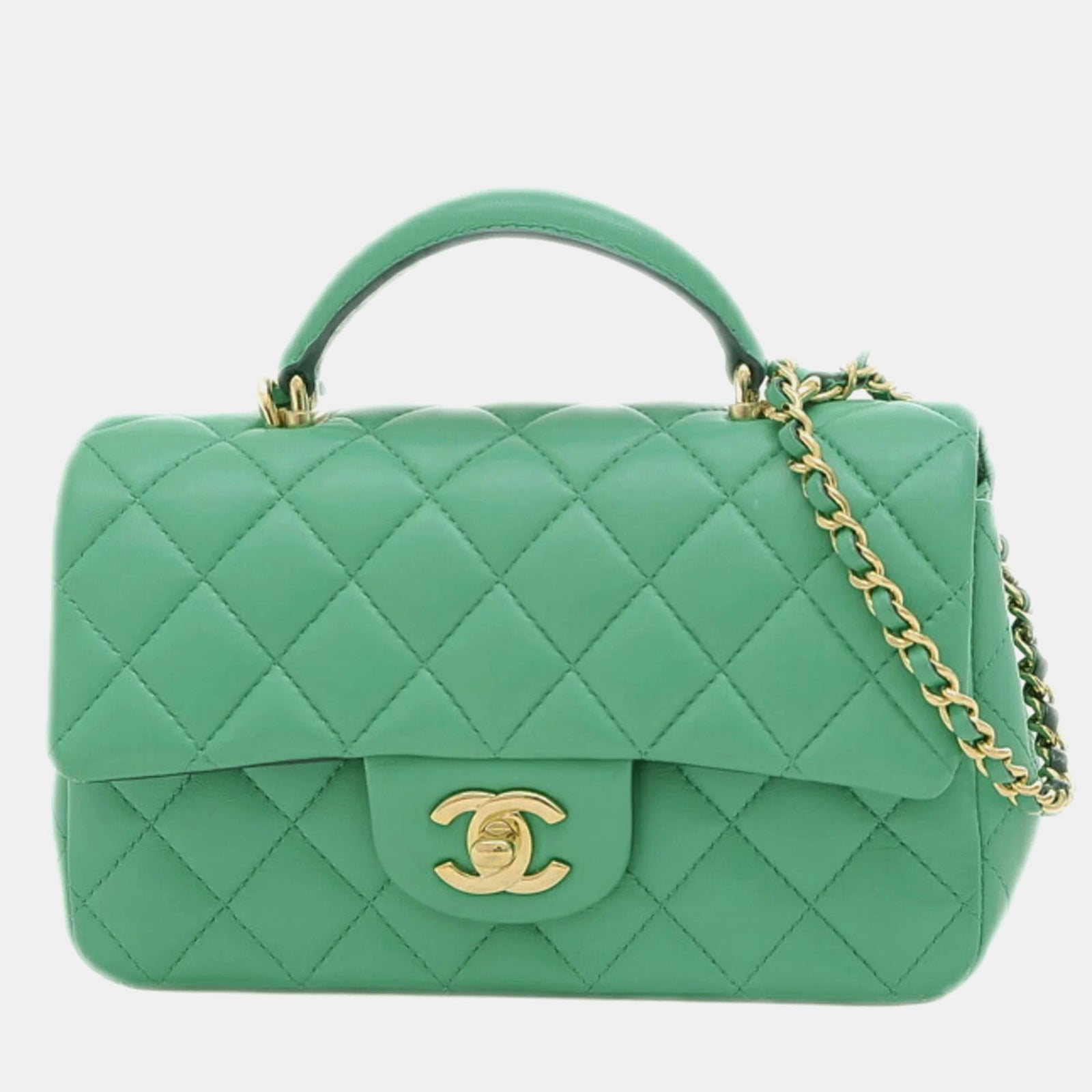 Chanel Sac à main classique à rabat simple en cuir d'agneau matelassé vert