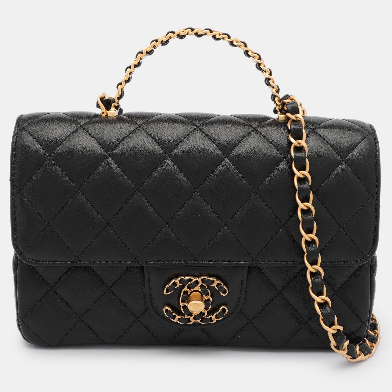 Chanel Schwarze, gesteppte Mini-Tasche aus Leder mit Klappgriff