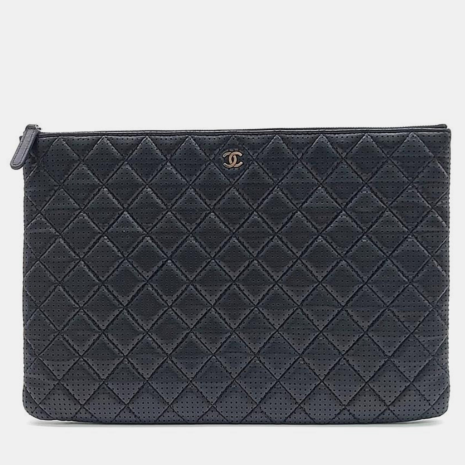 Chanel Black Perforated Leather Large Clutch Bag