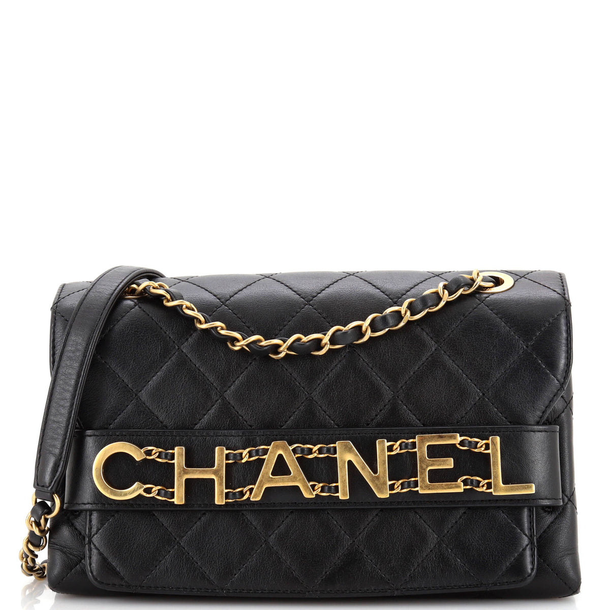 Chanel CHANEL Logo Enchained Flap Bag Quilted Calfskin Medium