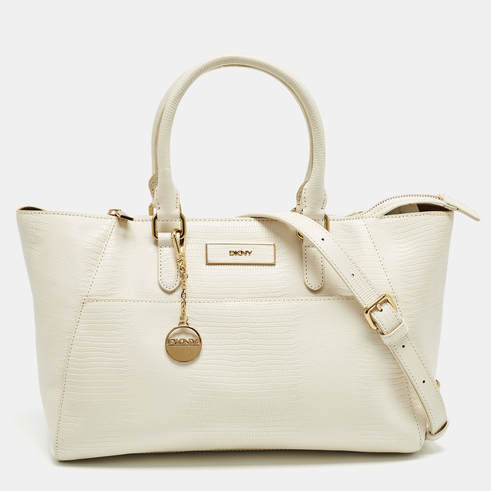 DKNY DKNY Off White Lizard Embossed Leather Top Zip Tote