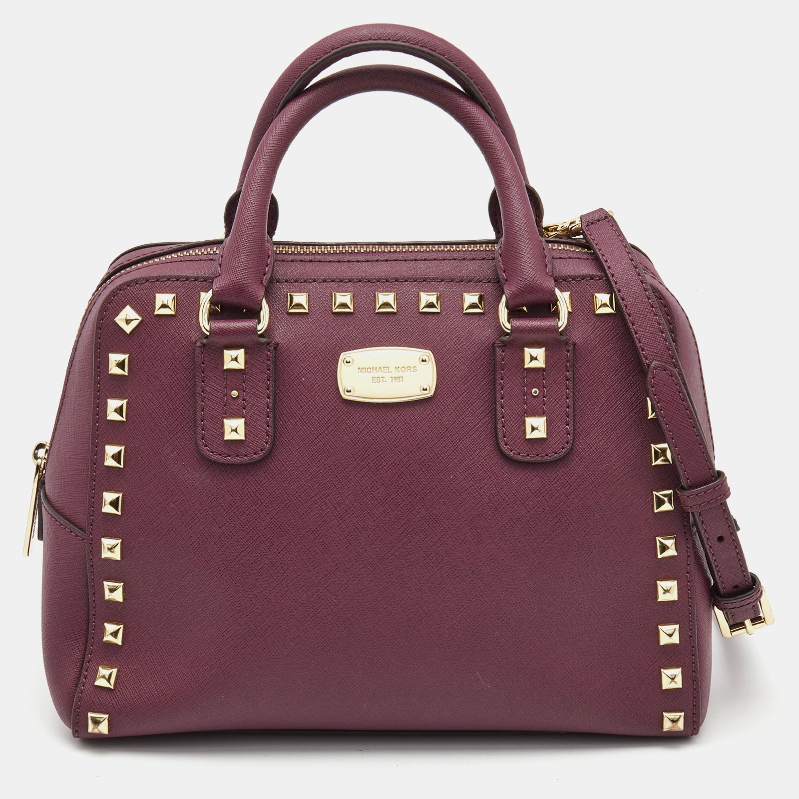 Michael Kors Purple Saffiano Leather Small Studded Sandrine Satchel