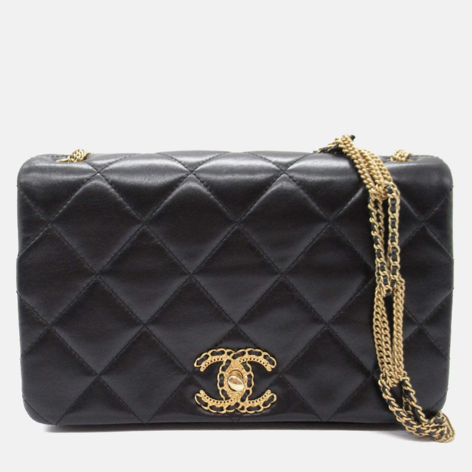 Chanel Sac à rabat avec chaîne de taille moyenne matelassé en cuir d'agneau noir On And On