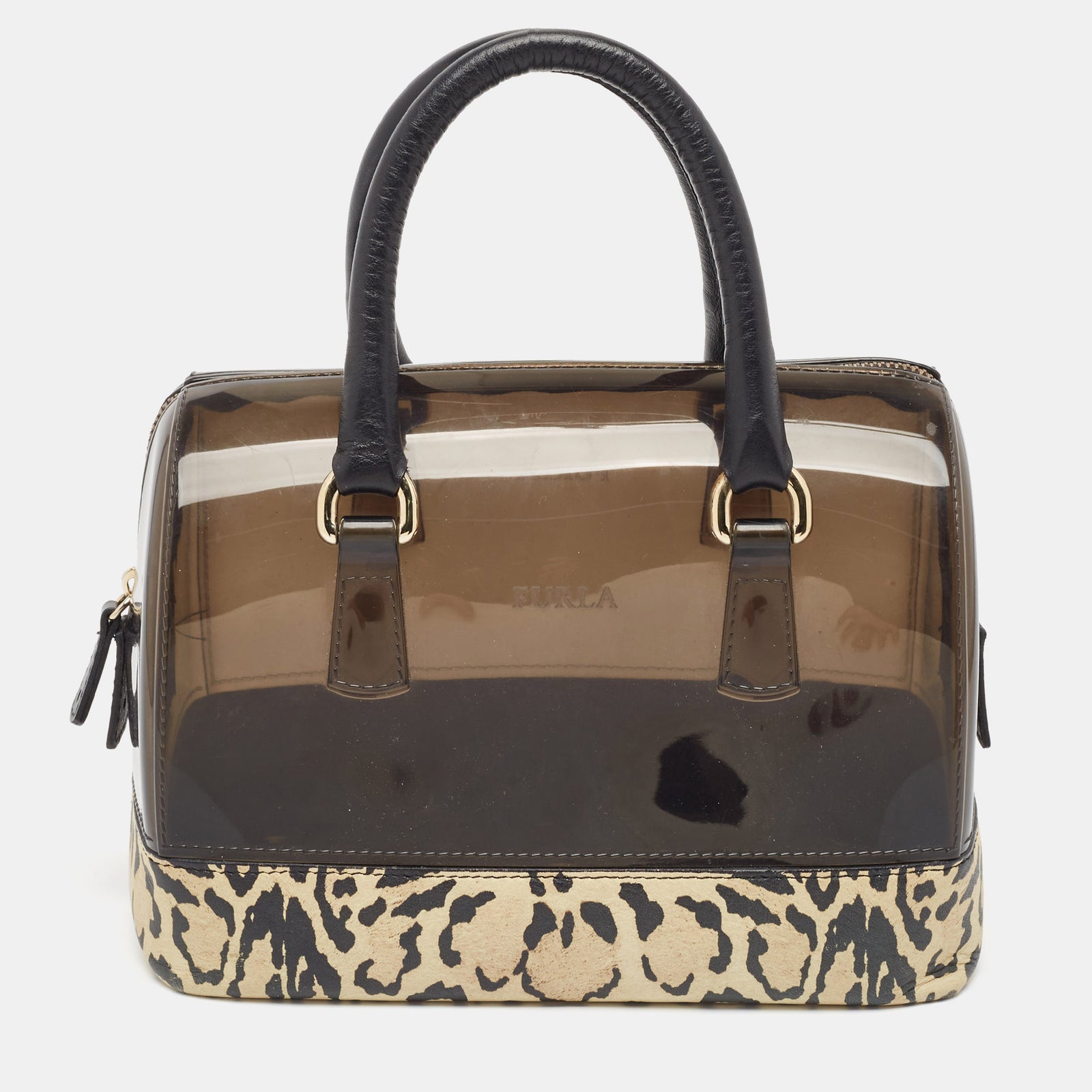 Furla Black/Beige Leopard Print Rubber and Leather Candy Satchel