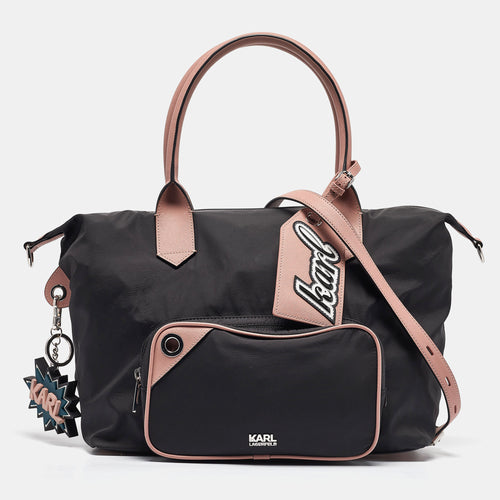 Black/Pink Leather and Nylon Front Pocket Tote