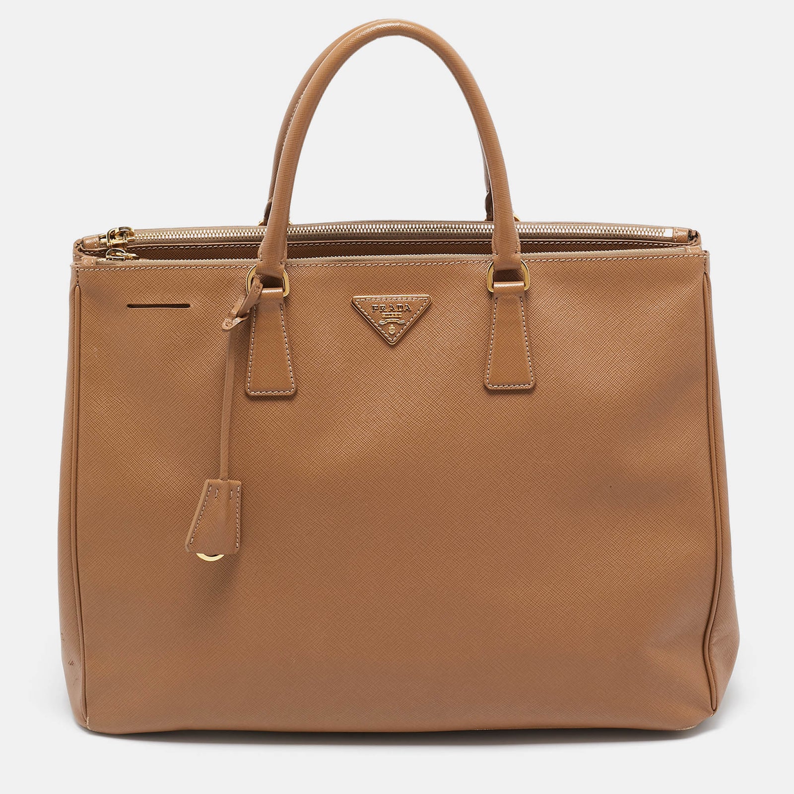 Prada Brown Saffiano Lux Leather Executive Double Zip Tote