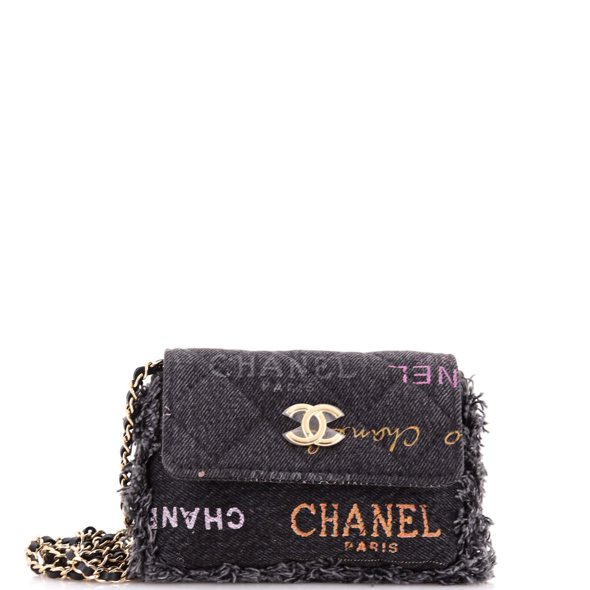 Chanel CHANEL Denim Mood Flap Clutch with Chain Logo Printed Quilted Fringe Denim