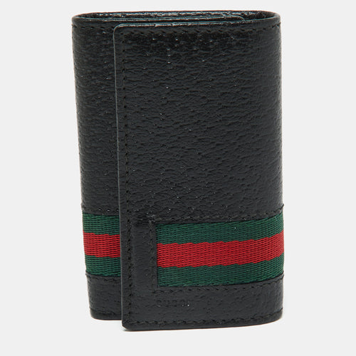 Black Leather Web 6 Key Case Holder