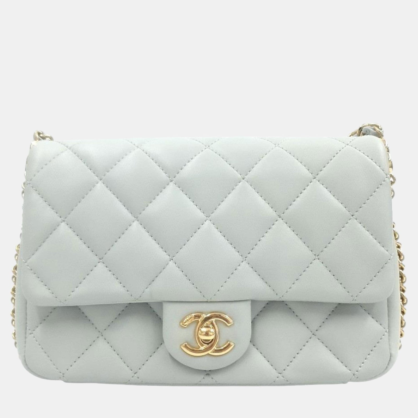 Chanel Light Grey Leather Double Chain Crossbody Bag