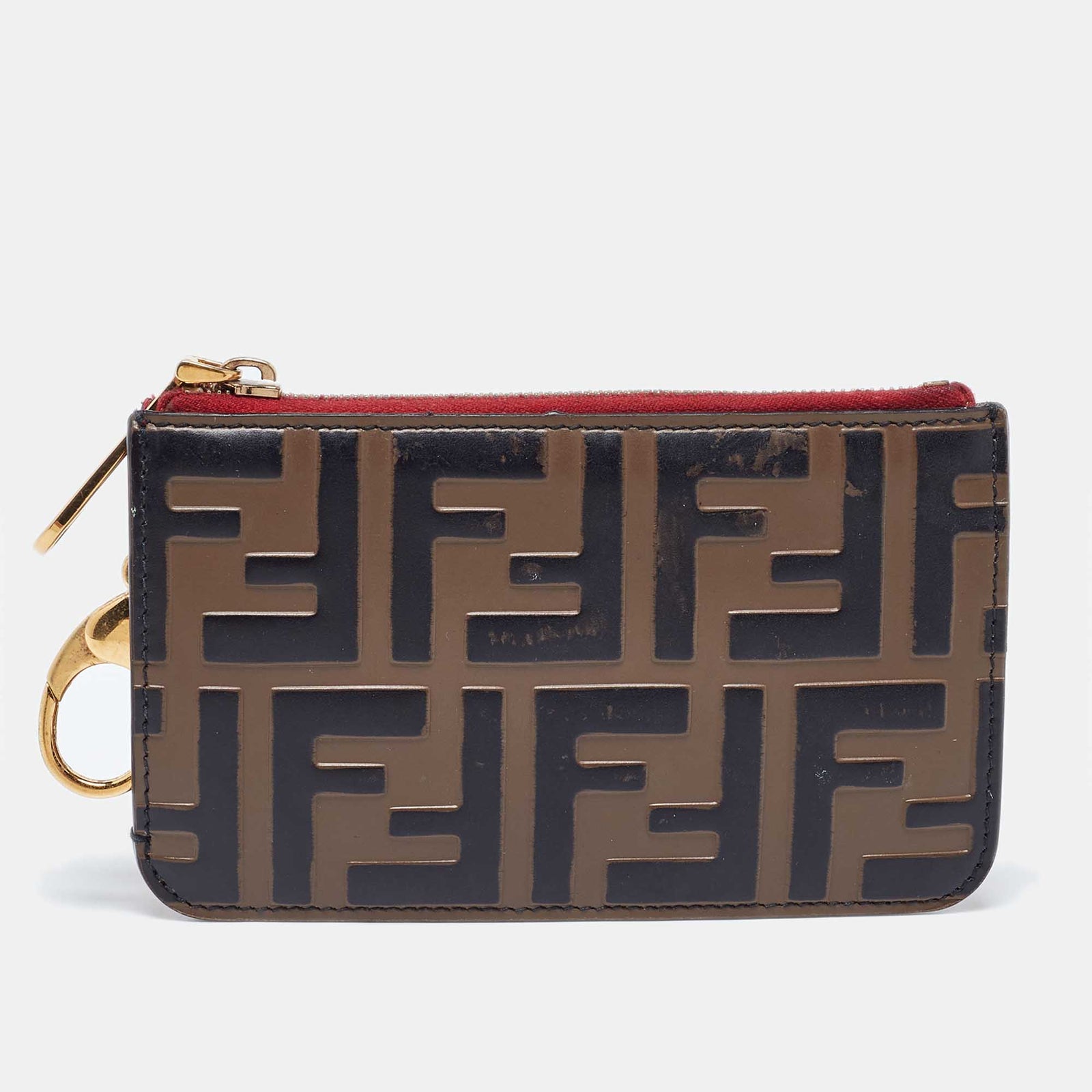 Fendi Zucca Brown/Red Leather Zip Card Case