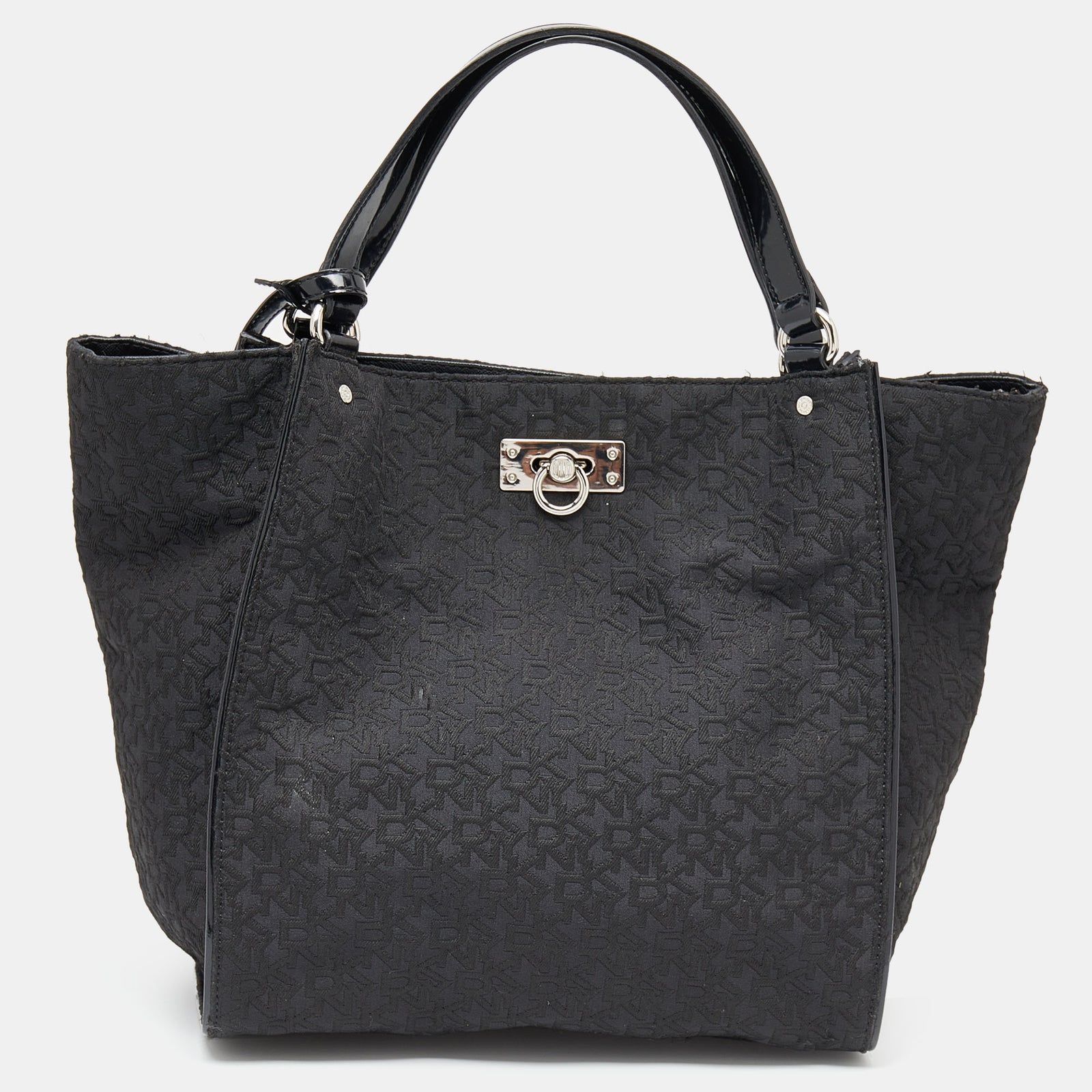 DKNY Sac fourre-tout en toile et cuir verni noir monogrammé DKNY