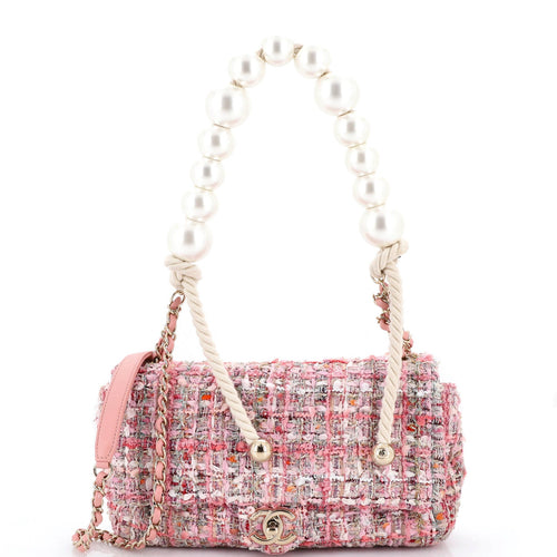 CHANEL Pearl Handle Flap Bag Quilted Tweed Medium