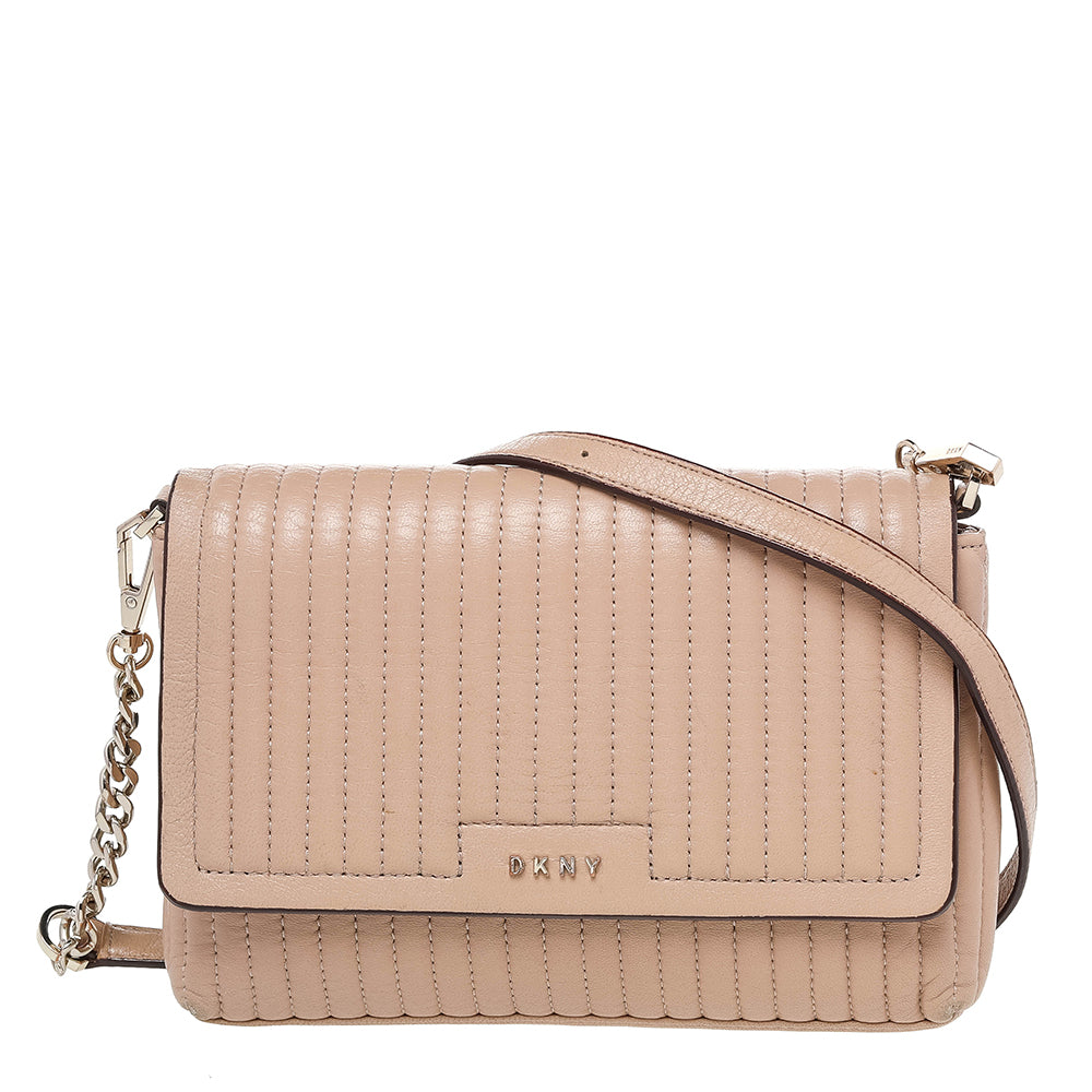 DKNY DKNY Beige Pinstripe Quilted Leather Gansevoort Flap Shoulder Bag