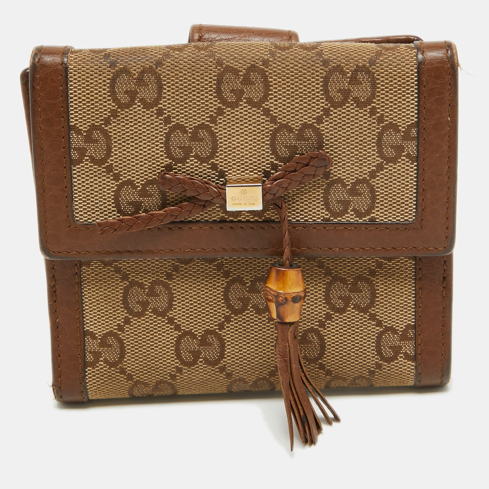 Gucci Brown/Beige GG Canvas and Leather Bamboo Tassel Compact Wallet